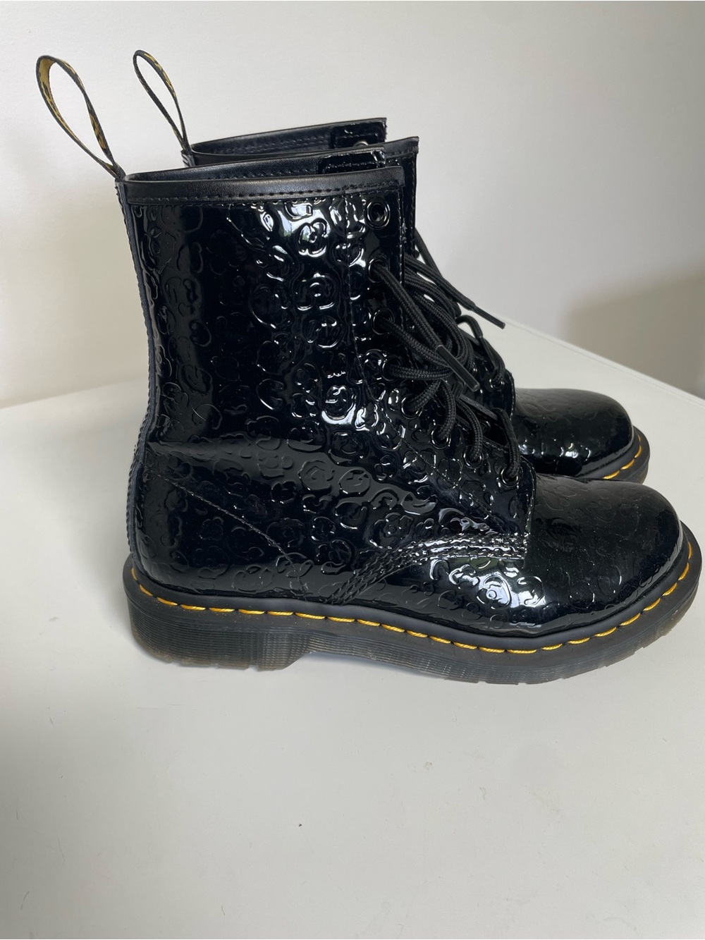 Dr. Martens Black Patent Embossed Lace-Up Boots with Yellow Stitching